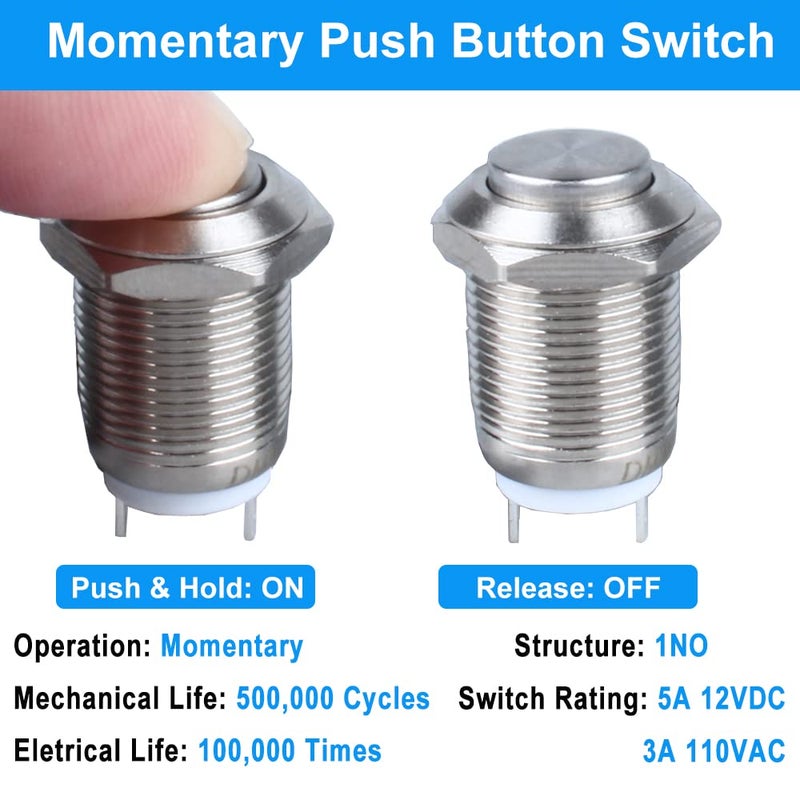 DMWD 2-Pack 12mm Momentary Metal Waterproof Push Button Switch Raised Head Plug-in Terminals 1/2" Mounting Hole 12V 24V 36V 110V 250V 2A 1NO - Image 2